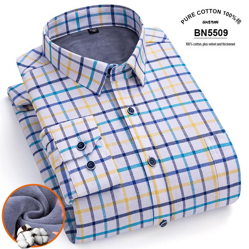 Men's Long Sleeve Cotton Plaid Shirt with Velvet Lining