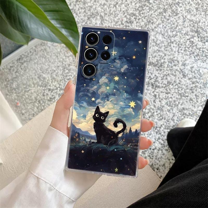 Retro Oil Painting Starry Sky Cat Clear Case For Samsung Galaxy S26 S25 S24 S23 Ultra S20 S21 FE S22 Plus S26 Ultra Phone Cover