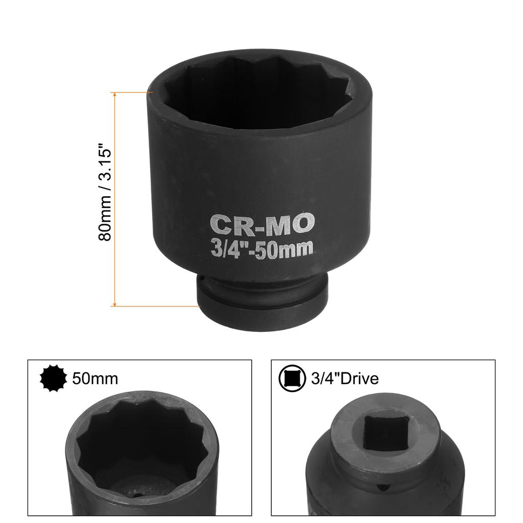 uxcell 2pcs 3/4 Inch Drive 12-Point Impact Socket 50mm Metric Spindle Axle Nut Socket Driver Wrench for Easy Removal of Automotive Repairs