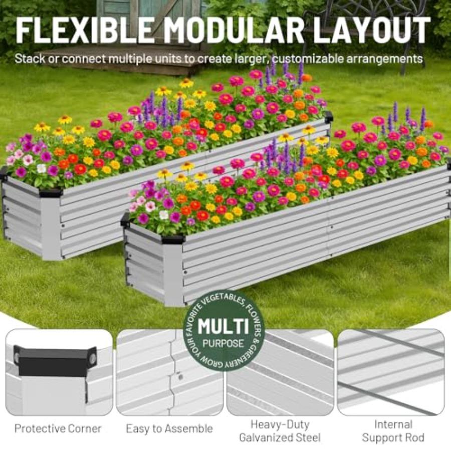 2 Pack 8x2x1FT Galvanized Metal Raised Garden Bed Kit for Vegetables Herbs Open-Bottom Large Ccity Outdoor Planter Box Gardenin