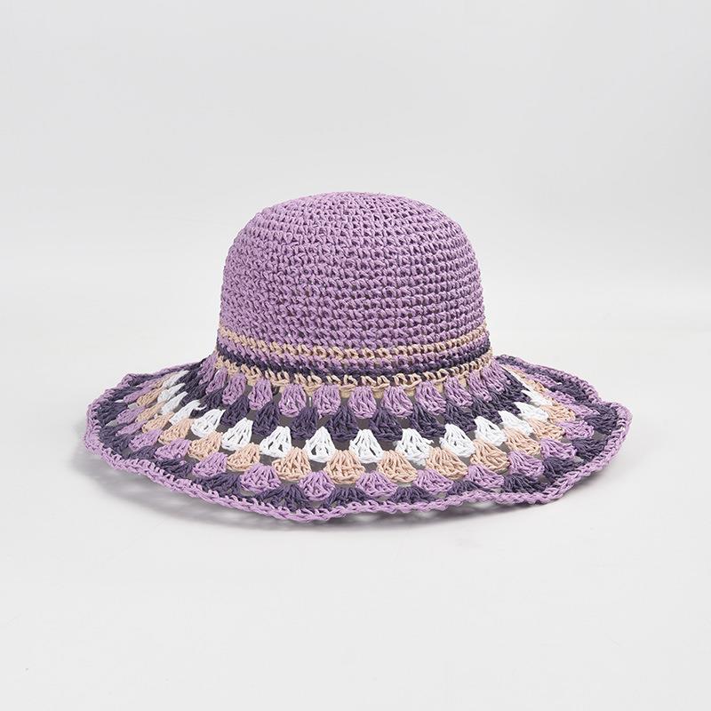 

Vacation Big Field Beach Flower Bucket Hat Women Sun New Colorful Handmade Crochet Hollowed Paper Straw Hat 56-58cm women фіолетовий