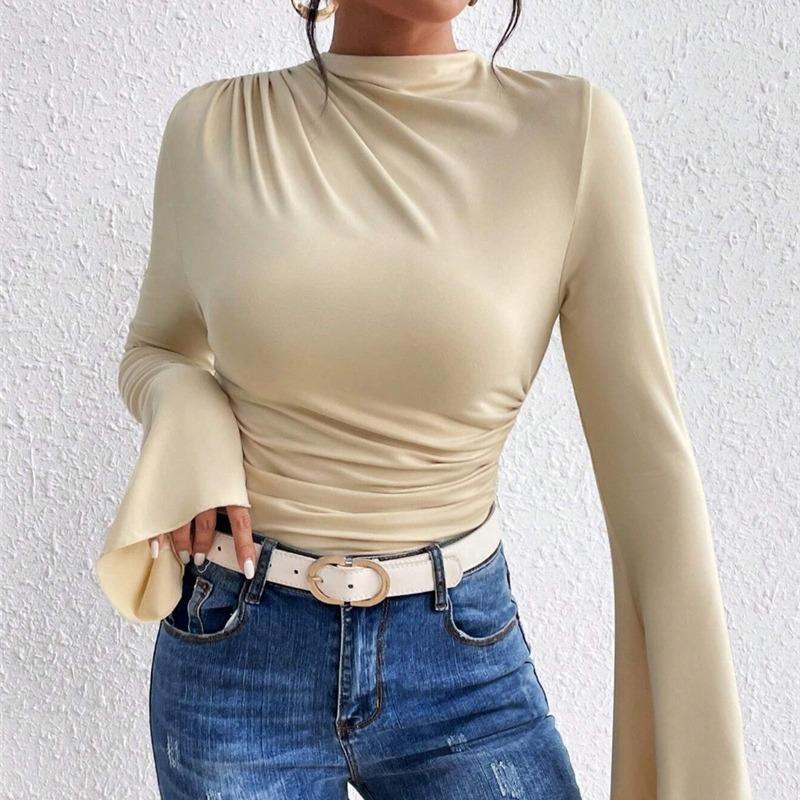 Wiosna Jesień Cienkie Plisowane Rozkloszowane Rękawy Casualowe Damskie T-shirty Eleganckie Kołnierzyk Stójka Slim Fit T-shirt Kobiety Odzież Prosta Vintage Baza Koszulki 26146