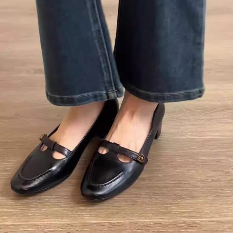 

Fashion French Vintage Thick Heel Mary Jane Shoes for Women Spring Autumn Solid Color T-Strap Medium Heel Loafers Zapatillas De Mujer 40 чёрный