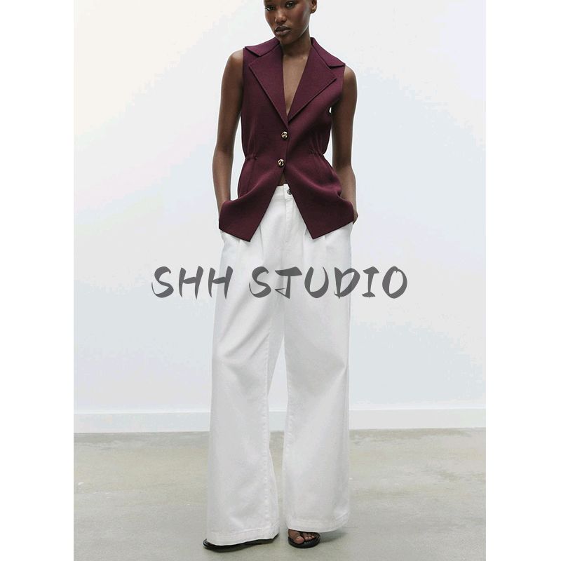 Spring New Women's Clothing British Style Decorated Row Button Ruched Lapel Sleeveless Knitting Vest Jacket 4192023