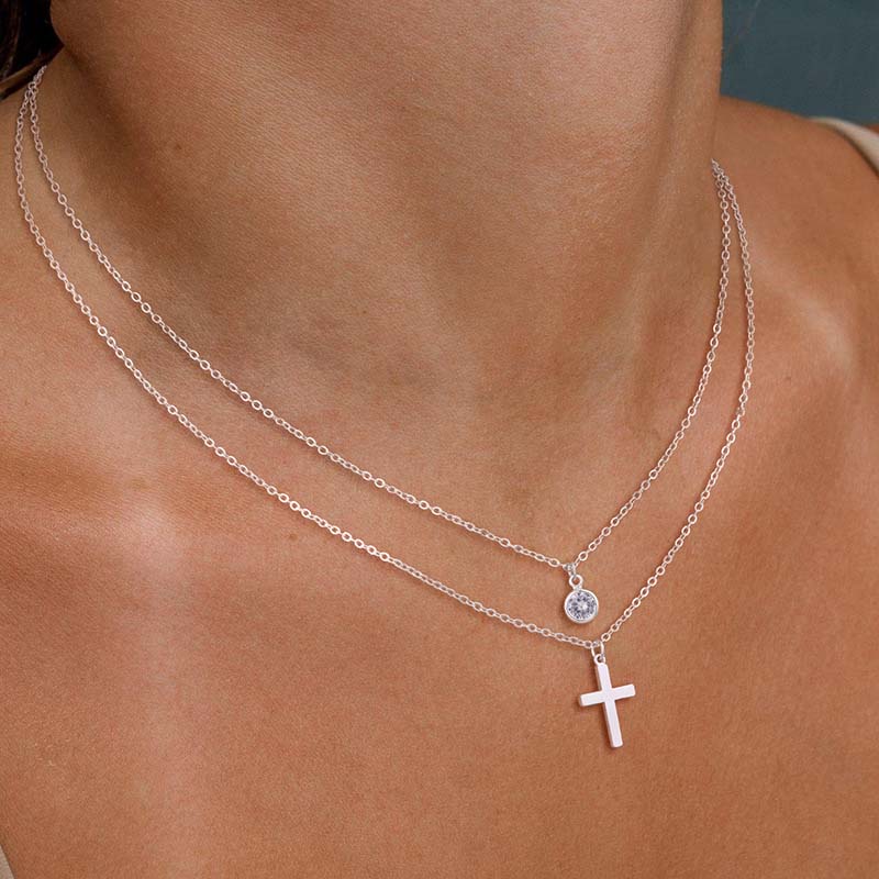 Stainless Steel Gold Color Cross Pendant Necklaces For Women Fashion Metal Double-layer Chain Necklace Zircon Gift
