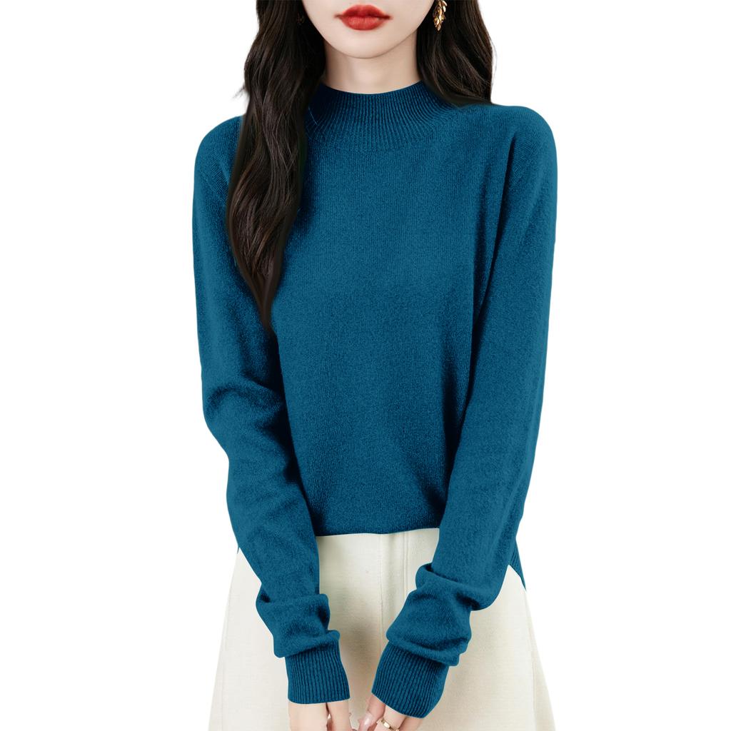 Women's Fashion Flat-Knit Half-Turtleneck Pullover Sweater Solid Color Long-Sleeve Top