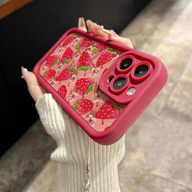 Flower Strawberry Painting Pendant Chain Phone Case For iPhone 17 16 15 14 13 12 11 Pro Max 16E XS X XR 7 8 Plus Silicone Cover