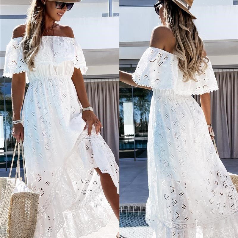 Sexy Lace Long Dress a Word Shoulder Beach Dresses Lace Skirt