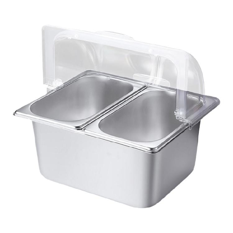 Stainless Steel 2 Compartment Food Pan Clear Roll Top Lid Buffet Serving Tray with Dividers Condiment Dispenser