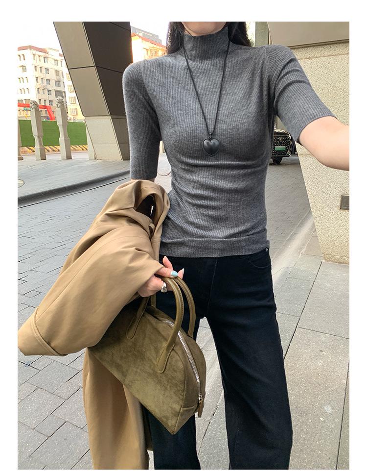 Korean Chic Elegant Half-High Neck Slim Fit Mid-Sleeve Knit Top for Women - 2026 New Arrival