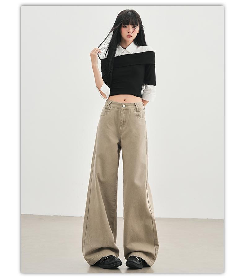 Romon Autumn/Winter Jeans Women's American Khaki High Waist Straight Tube Versatile Loose Look Thin Wide Legs Floor length Pants