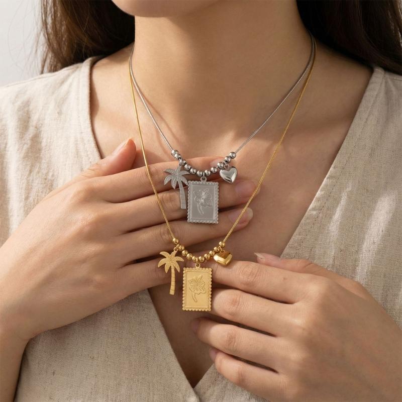 Fashionable Gold Plated Coconut Tree Necklace Stainless Steel Chain With Floral Accent Jewelry For Daily Wear