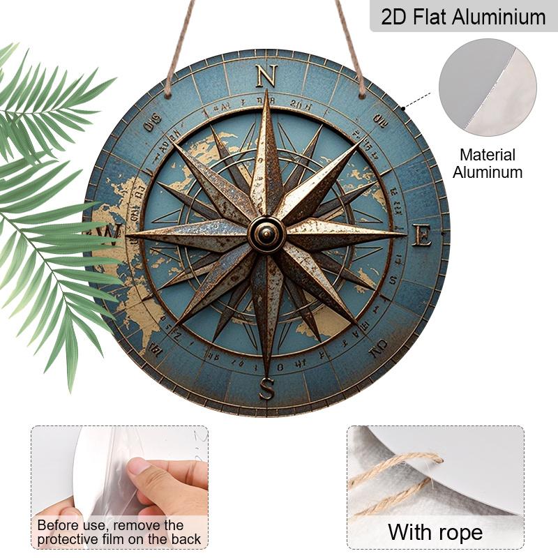 2D Flat 1pc Aluminum Decorative Item Vintage Compass-Style Wall Hanging 7.87 Inches × 7.87 Inches Ideal for Street Scenes, Shops, Bars, Cafes, Family