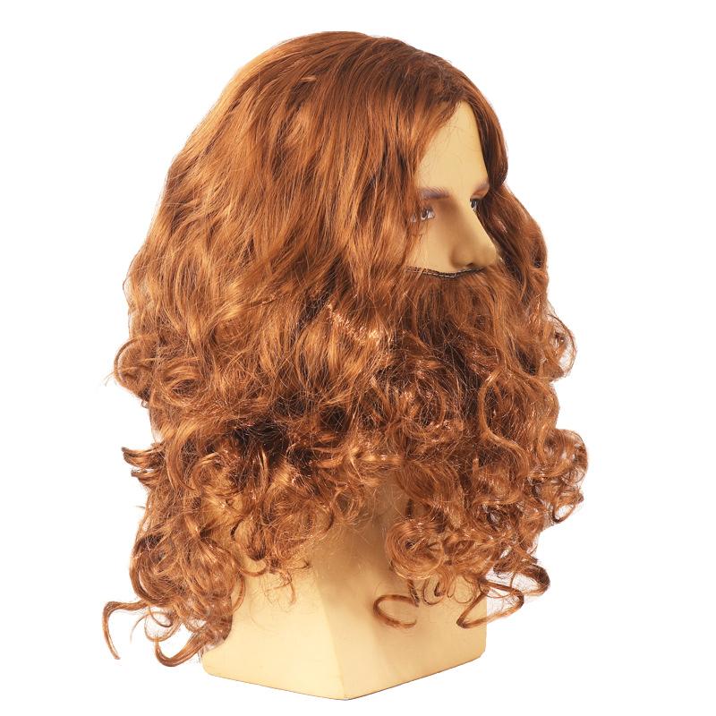 

Halloween Jesus Wig Costume Props Long Curled Wig Funny Brown Wig And Beard Set For Old Man Cosplay Props Brown Wig Headband