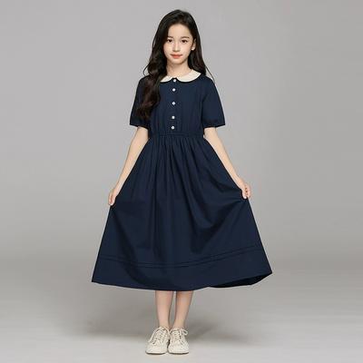 Sommer Kinder Preppy Schüler Taillierte Partykleider Kinderkleidung Teens Peter-Pan-Kragen Mädchen Alltagskleidung Knopf