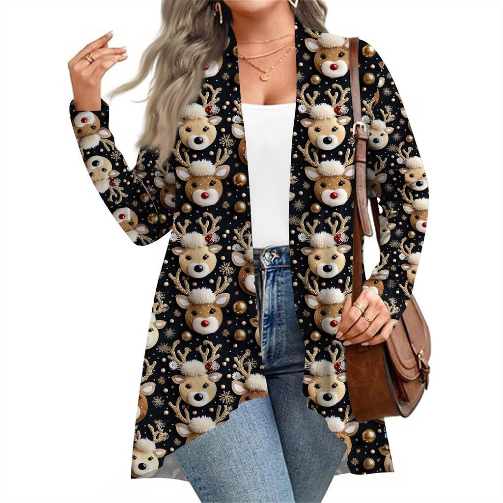 Women's Fall And Winter Fashion Casual Print Long Sleeve Mid-Length Cardigan Jacket