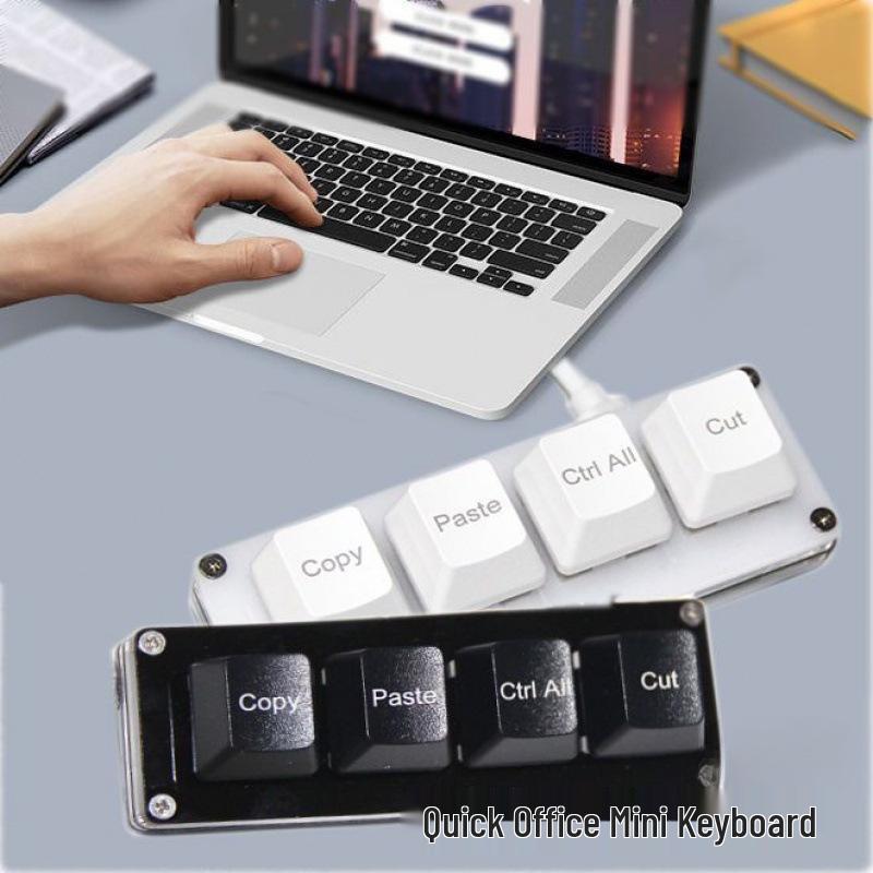 Wired Quick Mini Mechanical Keyboard - 4 Keys: Copy, Paste, Select All, Cut (Black & White)