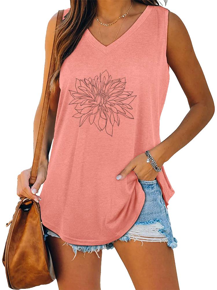 Women Fashion V Neck Printed Sleeveless Top Summer Casual Pullover Loose Tank Top