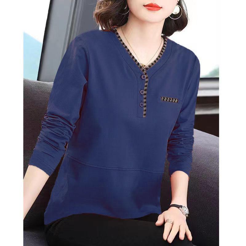 

Spring Autumn V-neck Pure Cotton Patchwork Oversized T-shirt Ladies Lose Casual All-match Pullover Tops Women Comfortable Tees XXXL