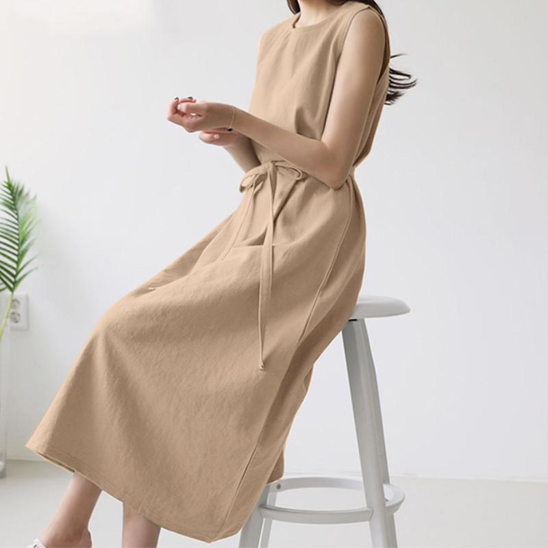 Boho Solid Long Dress for Women Crew Neck Sleeveless Tie Waist Dress Summer Casual Loose Work Vacation Dress Cotton Breathable Lightweight Soft Dress