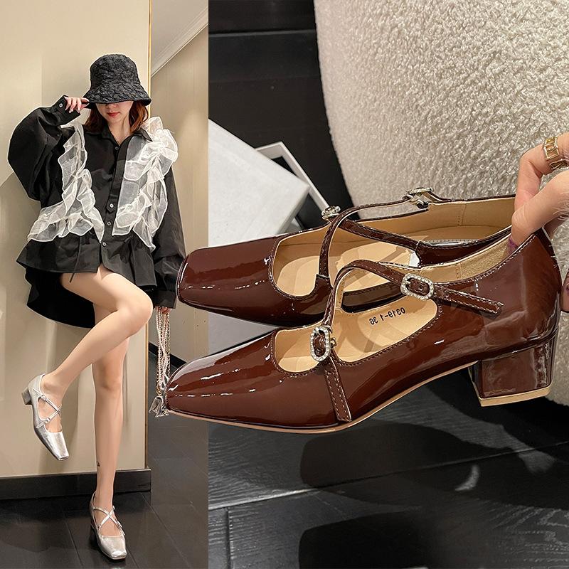 Almond head cross casual French single shoes women's new fashion light mouth square head thick heel Mary Jane shoes