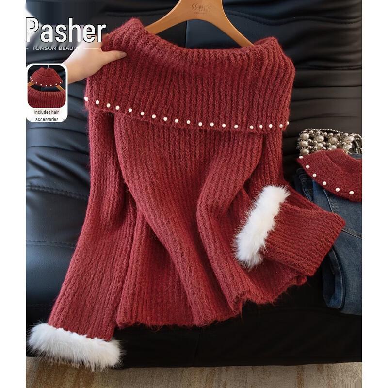 Elegant Women s Off-Shoulder Beaded Knit Top One Size