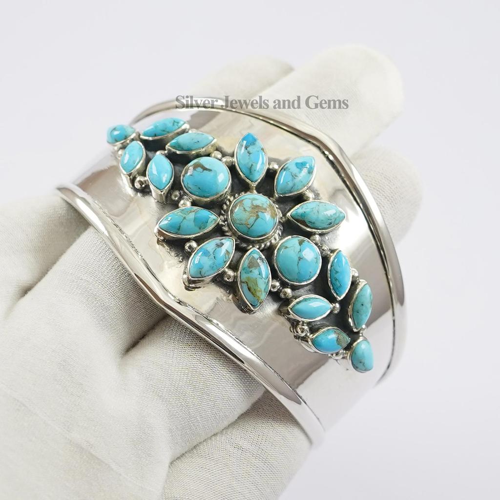 Natural Turquoise Cuff Bracelet, Statement Cuff Bangle, 925 Sterling Silver Handmade Cuff, Boho Statement Bracelet, Wedding Bracelet