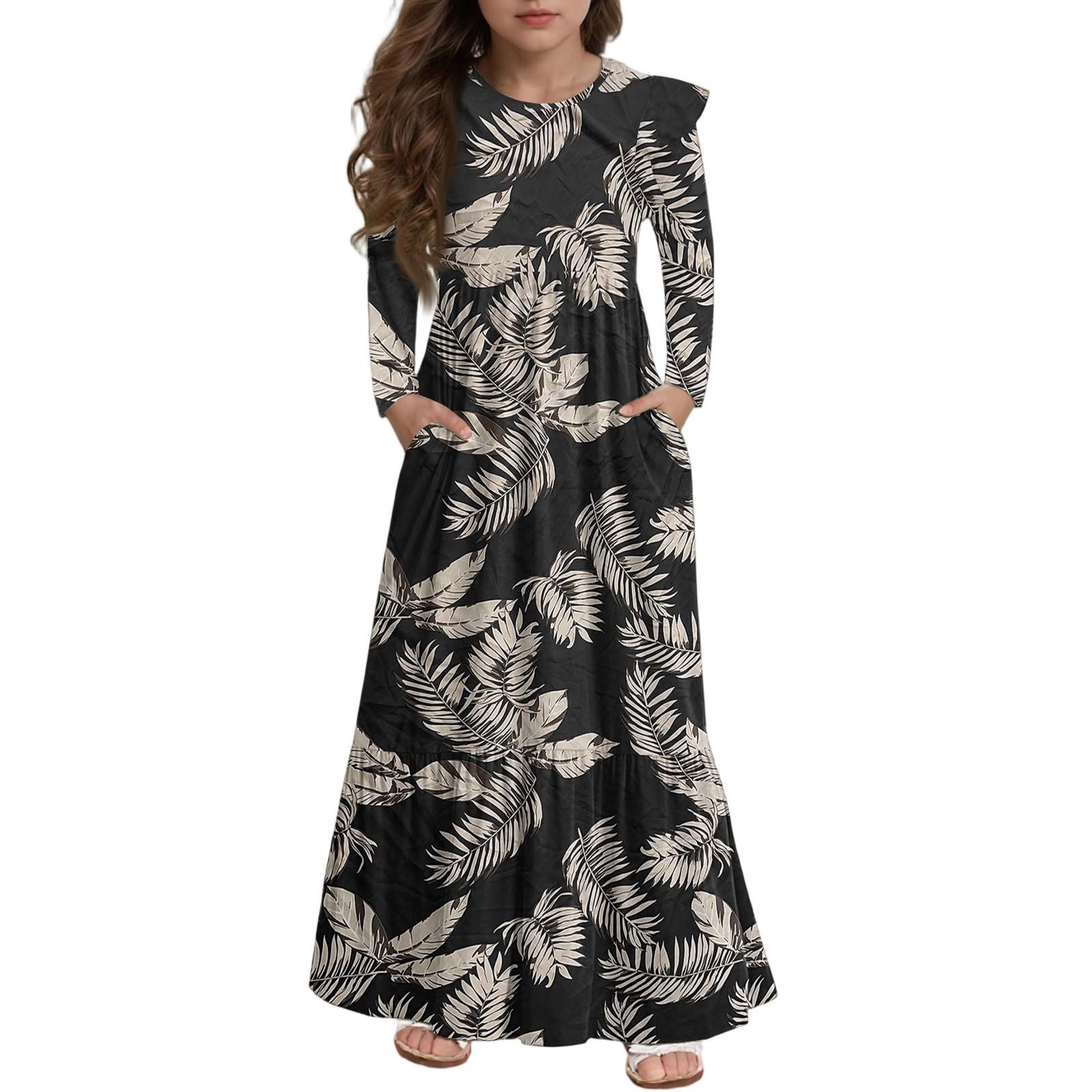 

Платье с многоярусными оборками для девочек - Макси с длинным рукавом и принтом, с карманами 140