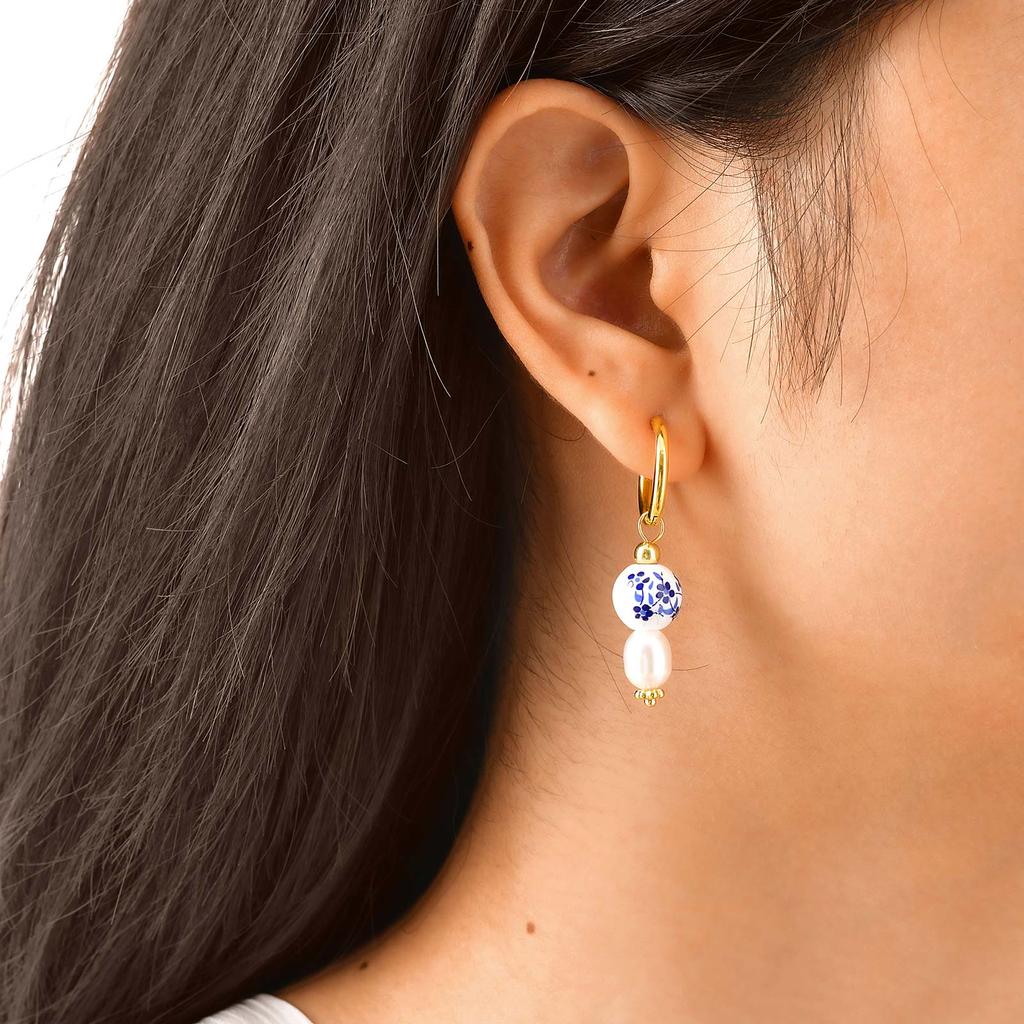 Retro Heart-shaped Porcelain Earrings for Women,Blue and White Imitation Pearl Chinese Cultural Earrings,Charm Jewelry Gifts