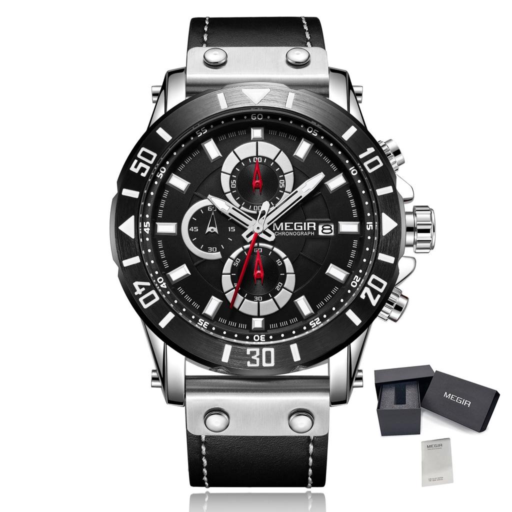 MEGIR Watch Men's Military Sport Wrist Watches Waterproof Leather Quartz Chronograph Calendar Luminous Clock Watch for Man 2081