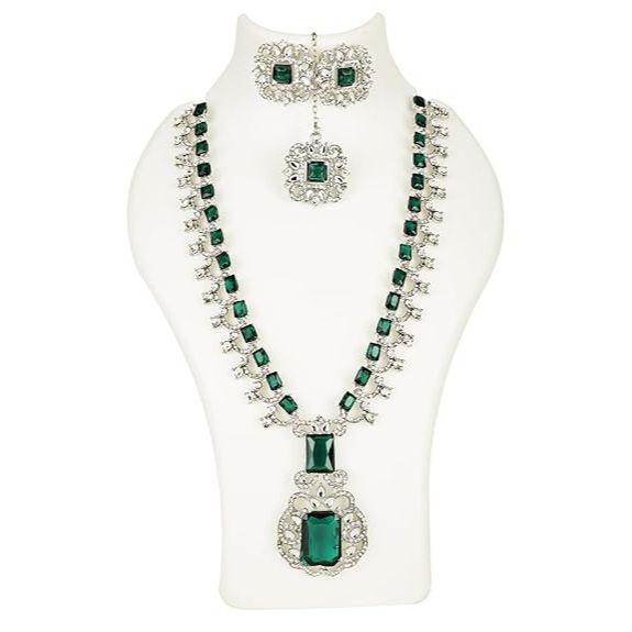 Traditional Latest Stylish Design Jewelry Maang Tikka Ring Earrings Necklace Jewellery Set for Women (Green)