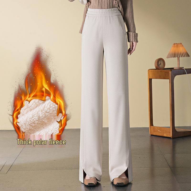 Women's Wool Blend Elastic Waist Pants: Straight, Narrow, and Wide Leg - Slimming, Plus Velvet, Plus Thick, Winter 2024 Style, Casual and Long.