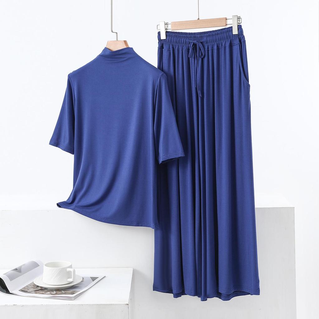 Modal Semi-High Neck Five-Sleeve Shirt & Pocket Wide-Leg Pants Casual Plus Size Two-Piece for Women