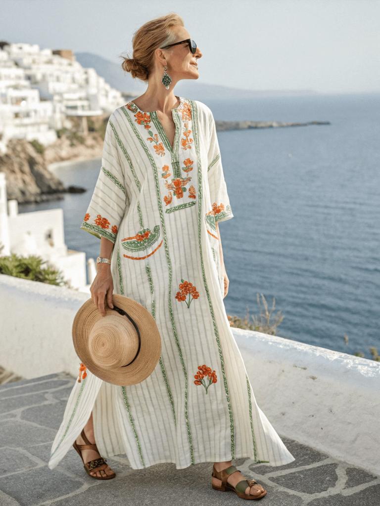 3D digital printing V-neck five-quarter sleeve long pocket Kaftan dress