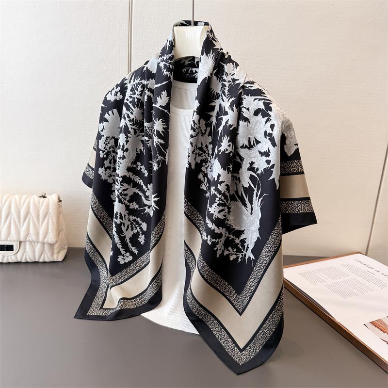 Fashion Imitation Silk Large Square Scarf Retro Flower Printing Professional Versatile Shawl Diagonal Silk Pattern Scarf Headscarf Women