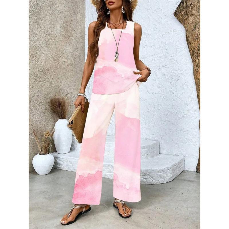 New spot European and American women's clothing hot-selling sleeveless double-layer vest pants set T-shirt