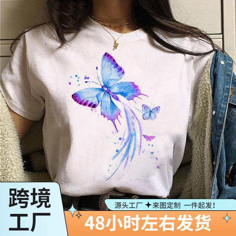 Short Sleeve Summer Fashion Women's Clothing Beautiful Watercolor Butterfly Printing White Ladies Casual Loose Personality TT-shirt