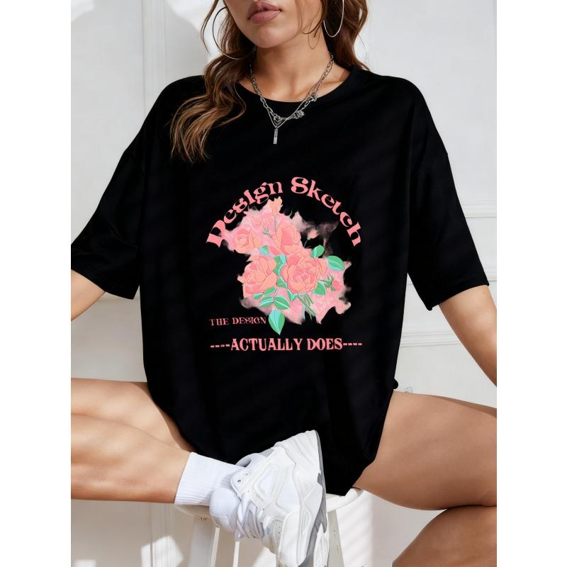 Oversized T-Shirt White Floral Design Sketch The Design Actually Does Graphic Print Casual Wear For Women Summer Outfits Streetwear Fashion Trendy Top