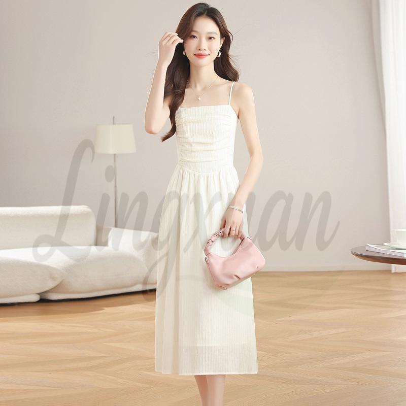 

Women s Summer 2026 Slimming Pleated Camisole A-line Dress L