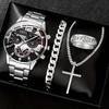 Fashion Business Geneva Calendar Watches Men's Stainless Steel Bracelet Pendant Necklace Ring Quartz Watch Set for Men