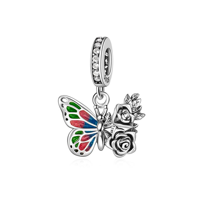 Fashion 925 Silver Colorful Butterfly Sparkling Beads Charms for DIY Bracelet Necklace Jewelry Making Gift
