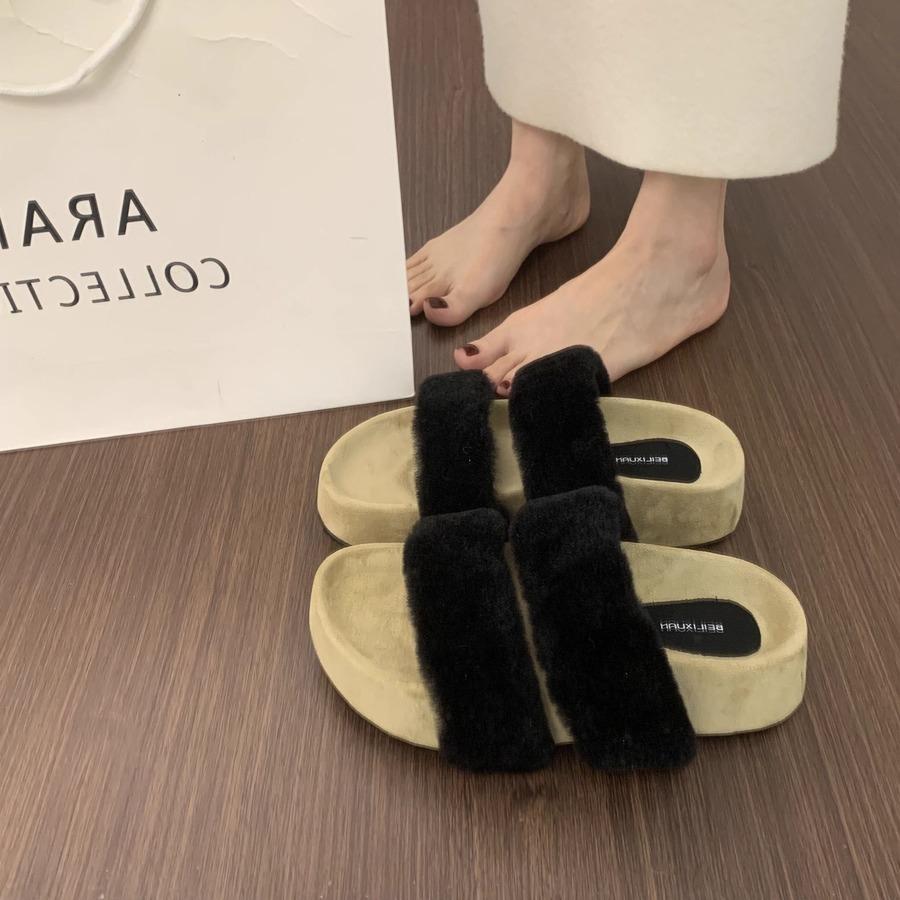 BEILIXUAN~ Mink hair word with thick bottom hair slippers women wear autumn and winter 2025 new fairy cotton slippers