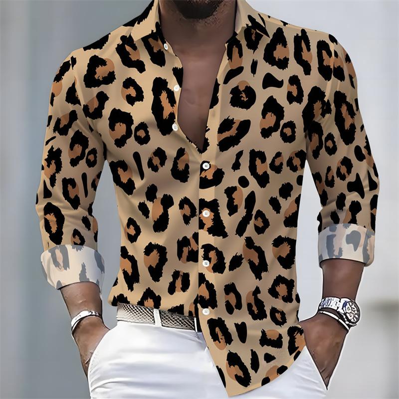 Men's Leopard Print Shirt Long Sleeve 3D Animal Pattern Button Down Spring Autumn Streetwear Tops