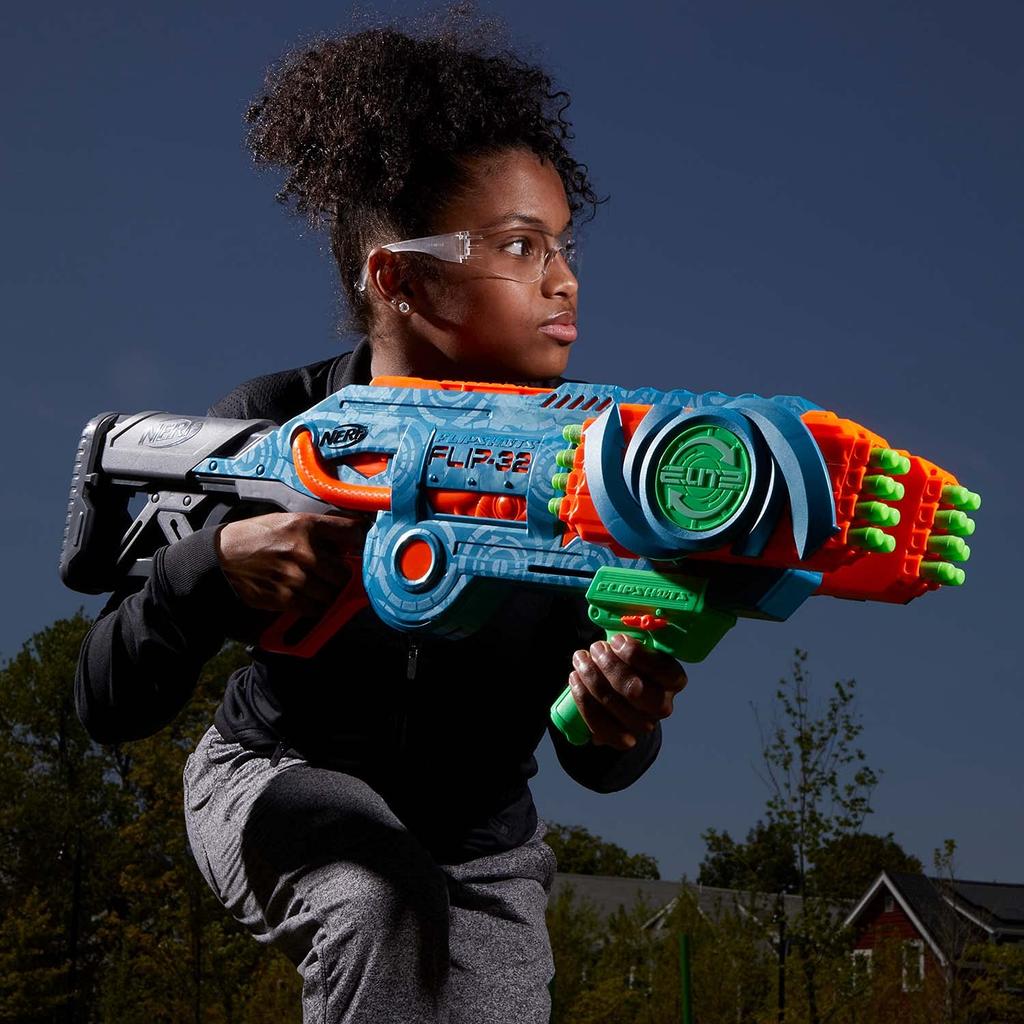 Nerf Elite 2.0 Flipshot Flip-32, mit 32 aufklappbaren Läufen für doppelte Schusskapazität, 32 Schuss Kapazität, und enthält 32 offizielle Nerf Elite