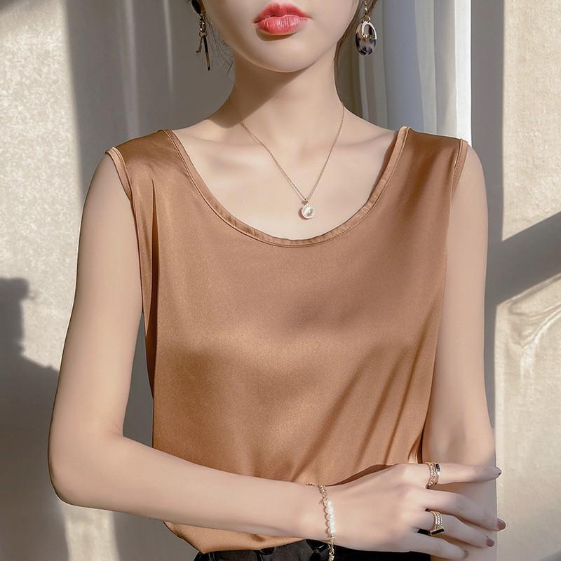 Women's Silk Satin Cami Top - Ice Silk, Mulberry Blend, Loose Fit, White/Black Options