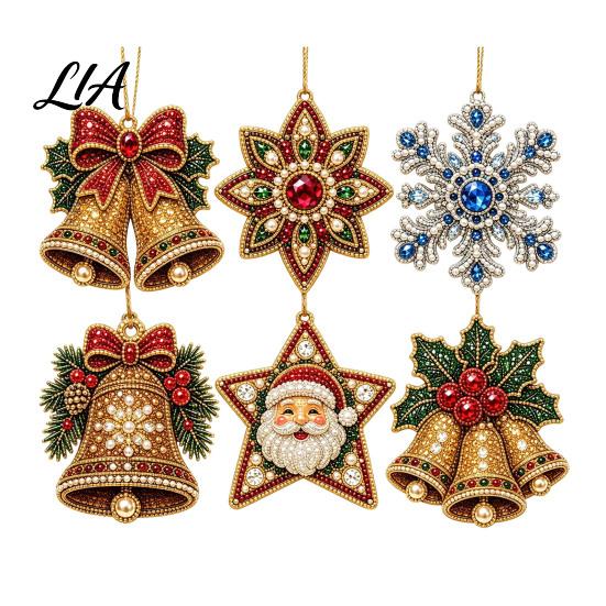 Elegant Holiday Party Supplies 6 Pcs Diamond Art Christmas Ornaments, 2D Flat Pearl Painting Timeless Seasonal Decorations Pattern Hanging Decoration