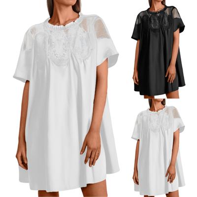 Women's Fashion Solid Color Short Sleeve Dress Lace Trim Mesh Splicing Dress