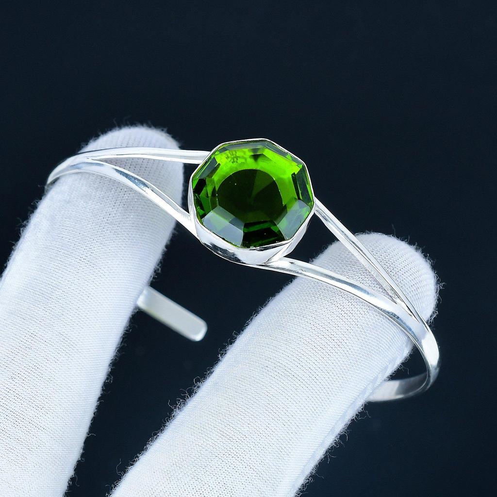Amazing Peridot Hexagon Gemstone Handmade Cuff Bangle 925 Sterling Silver Cuff Bangle, Peridot Bracelet For Wife, Unisex Bangle For Gift