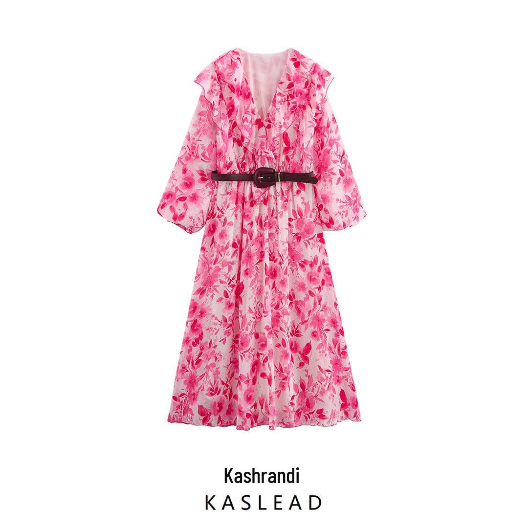 

Spring 2025 Women s European & American Style Belted Print Long Dress Extra Small