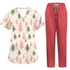 Women's Uniform Set with Short Sleeve Christmas Print Top and Pants, Two Piece Caregiver with Pockets